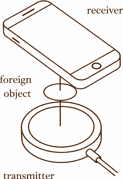 Test setup: phone (receiver), foreign object, and wireless charger (transmitter)